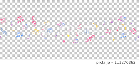 Seamless border with abstract music notes. Multicolored note symbols in wave style. Musical cute atmosphere. Watercolor illustration for textile, package, wrapping. 113270862