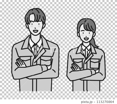 腕組みをする作業服姿の男性と女性（上半身） 113270864
