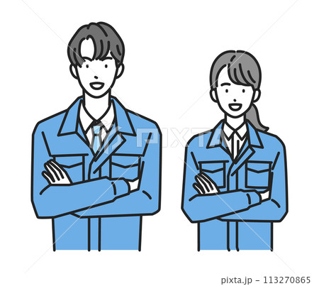 腕組みをする作業服姿の男性と女性(上半身) 腕組みをする作業服姿の男性と女性(上半身) 113270865