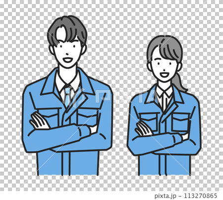 腕組みをする作業服姿の男性と女性(上半身) 腕組みをする作業服姿の男性と女性(上半身) 113270865