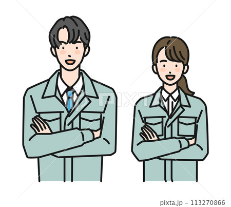腕組みをする作業服姿の男性と女性(上半身) 腕組みをする作業服姿の男性と女性(上半身) 113270866