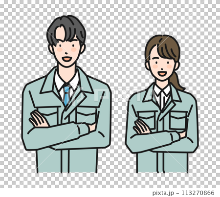 腕組みをする作業服姿の男性と女性(上半身) 腕組みをする作業服姿の男性と女性(上半身) 113270866