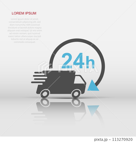 Vector delivery truck 24h icon in flat style. 24 hours fast delivery service shipping sign illustration pictogram. Car van business concept. 113270920