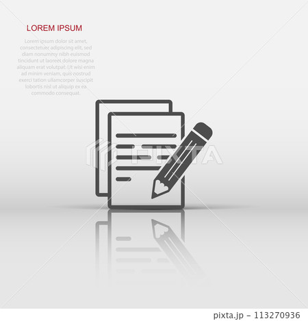 Vector document with pencil icon in flat style. Note with pen sign illustration pictogram. Notebook business concept. 113270936