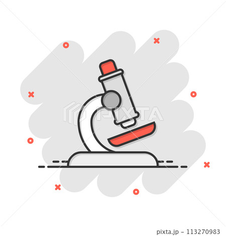 Microscope icon in comic style. Laboratory magnifier cartoon vector illustration on isolated background. Biology instrument splash effect sign business concept. 113270983