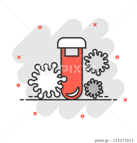 Coronavirus test icon in comic style. covid-19 cartoon vector illustration on isolated background. Medical diagnostic splash effect sign business concept. Coronavirus test icon in comic style. covid-19 cartoon vector illustration on isolated background. Medical diagnostic splash effect sign business concept. 113271011