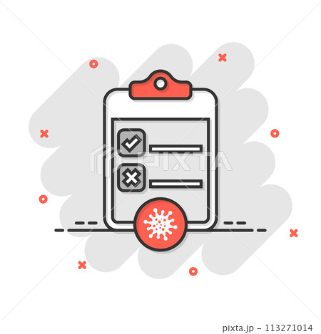 Coronavirus test icon in comic style. covid-19 cartoon vector illustration on isolated background. Medical diagnostic splash effect sign business concept. Coronavirus test icon in comic style. covid-19 cartoon vector illustration on isolated background. Medical diagnostic splash effect sign business concept. 113271014