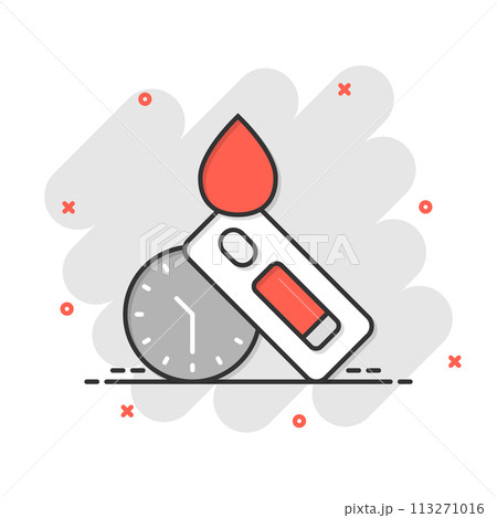 Coronavirus test icon in comic style. covid-19 cartoon vector illustration on isolated background. Medical diagnostic splash effect sign business concept. 113271016