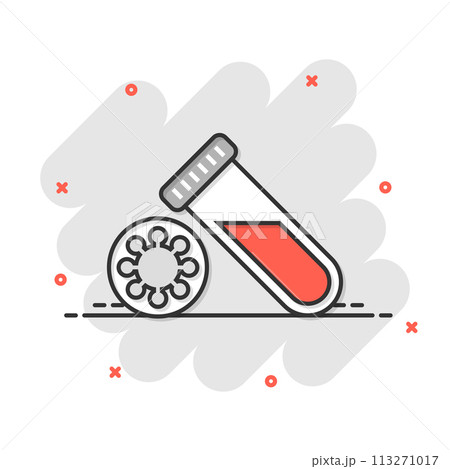 Coronavirus test icon in comic style. covid-19 cartoon vector illustration on isolated background. Medical diagnostic splash effect sign business concept. 113271017