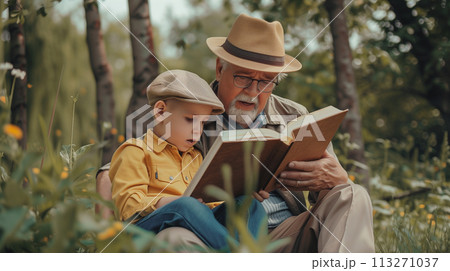 Grandfather reading a book to his grandson outdoors 113271037