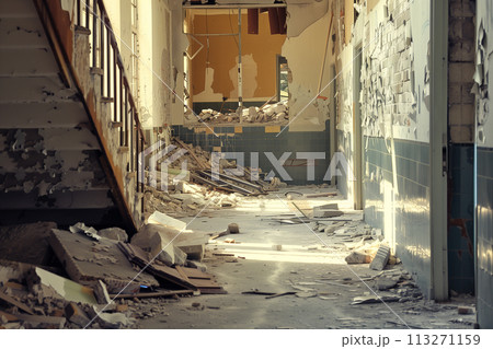 Ruined staircase in a dilapidated school building 113271159