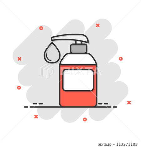 Hand sanitizer icon in comic style. Antiseptic bottle cartoon vector illustration on isolated background. Disinfect gel splash effect sign business concept. Hand sanitizer icon in comic style. Antiseptic bottle cartoon vector illustration on isolated background. Disinfect gel splash effect sign business concept. 113271183