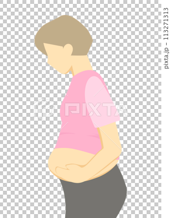 Illustration of a woman who is concerned about her protruding lower abdomen Illustration of a woman who is concerned about her protruding lower abdomen 113271313