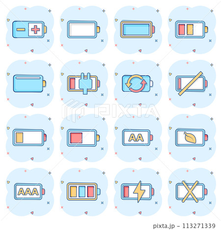 Battery charge icon set in comic style. Power level cartoon vector illustration on white isolated background. Lithium accumulator splash effect business concept. Battery charge icon set in comic style. Power level cartoon vector illustration on white isolated background. Lithium accumulator splash effect business concept. 113271339