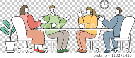 オフィスで机を囲んで会話する人々のイラスト 113271410
