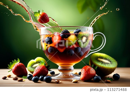hot fruity natural tea with berries and fruits hot fruity natural tea with berries and fruits 113271488