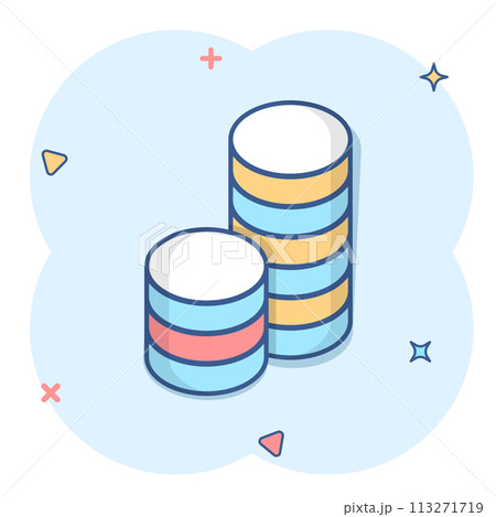 Coins stack icon in comic style. Dollar coin cartoon vector illustration on white isolated background. Money stacked splash effect business concept. Coins stack icon in comic style. Dollar coin cartoon vector illustration on white isolated background. Money stacked splash effect business concept. 113271719