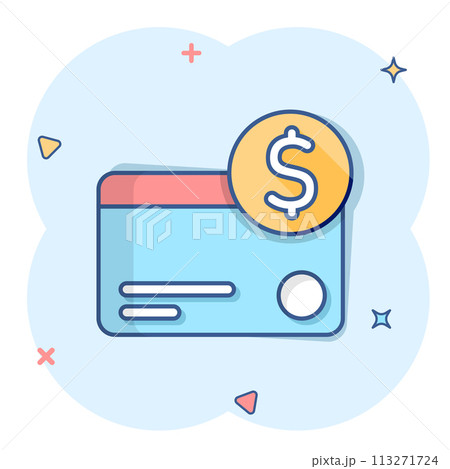 Credit card icon in comic style. Money payment cartoon vector illustration on white isolated background. Financial purchase splash effect business concept. 113271724