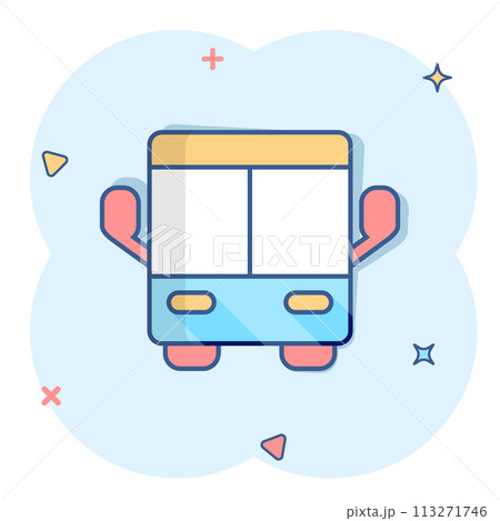 Bus icon in comic style. Coach cartoon vector illustration on white isolated background. Autobus vehicle splash effect business concept. 113271746