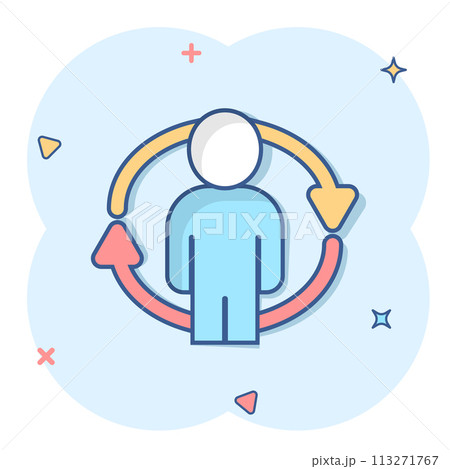 People referral icon in comic style. Business communication cartoon vector illustration on white background. Reference teamwork splash effect business concept. 113271767