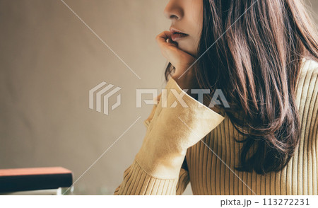 困った表情で考える女性 困った表情で考える女性 113272231