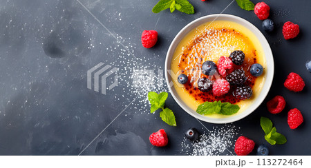 A classic Creme brulee, served in a ramekin, combination of creamy custard and caramelized sugar 113272464