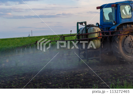 Tractor spraying pesticides on vegetable field with sprayer at spring Tractor spraying pesticides on vegetable field with sprayer at spring 113272465