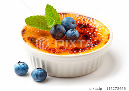 A classic Creme brulee, served in a ramekin, combination of creamy custard and caramelized sugar 113272466