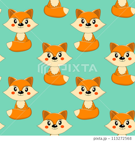 Seamless pattern with cute fox baby on color background. Funny forest animals. Card, postcards for kids. Flat vector illustration for fabric, textile, wallpaper, poster, paper 113272568