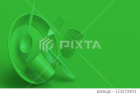 Set of disposable utensils like plate, folk, spoon,knife, cup and pepper mill Set of disposable utensils like plate, folk, spoon,knife, cup and pepper mill 113272631