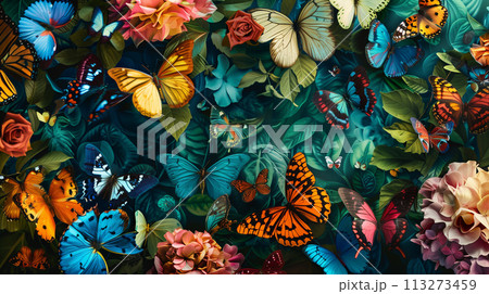 Elegant product amidst a dance of vibrant butterflies, vivid colors weaving a story of beauty and allure. Elegant product amidst a dance of vibrant butterflies, vivid colors weaving a story of beauty and allure. 113273459