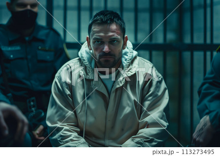 Man in custody with a bruised face sitting in a holding cell 113273495