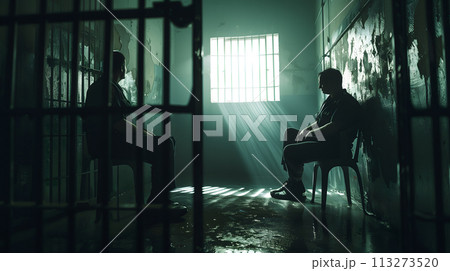 Two individuals in a dark cell, one sitting in the light from the window 113273520
