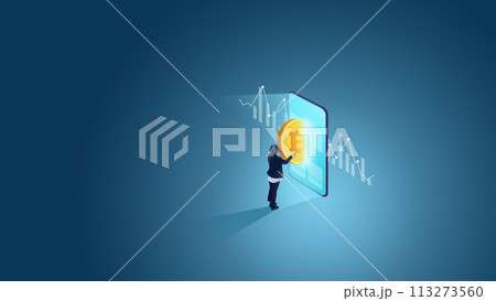 Contemporary art collage. Individual interacts with Bitcoin symbol on transparent touchscreen with financial graphs in background. 113273560