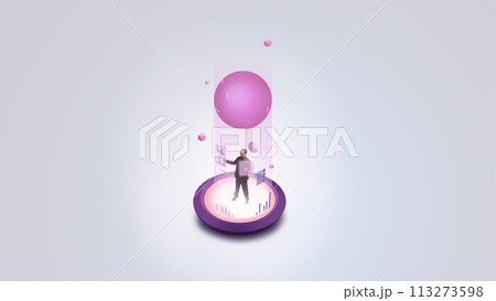 Contemporary art collage. Man stands at bright point and analyzes data, diagrams with floating sphere on top against gradient background. Contemporary art collage. Man stands at bright point and analyzes data, diagrams with floating sphere on top against gradient background. 113273598