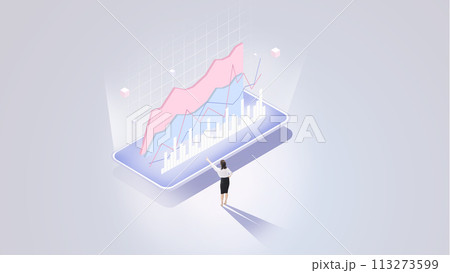 Contemporary art collage. Businesswoman points to graphs, charts analyze information presented on phone against gradient background. Contemporary art collage. Businesswoman points to graphs, charts analyze information presented on phone against gradient background. 113273599