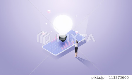 Contemporary art collage. Businesswoman looking at bright light bulb above mobile phone with analytical data against gradient background. 113273600