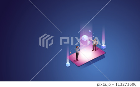 Contemporary art collage. Two men standing on mobile phone from which bright light comes out with geometric shapes against gradient background. 113273606