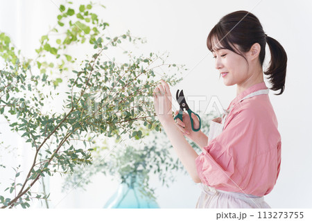 木を剪定する女性 木を剪定する女性 113273755