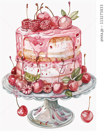 Mother's Day watercolor cake, celebration theme, detailed and sweet, with space for greetings. 113273833