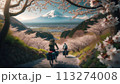 Behind two people bikepacking in Japan with Mount Fuji in the background, wide shot 113274008