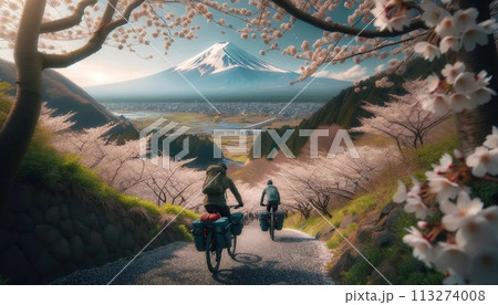 Behind two people bikepacking in Japan with Mount Fuji in the background, wide shot Behind two people bikepacking in Japan with Mount Fuji in the background, wide shot 113274008