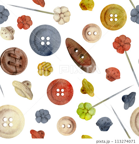 Hand drawn watercolor illustration sewing craft supplies. Plastic wooden flat round buttons fasteners. Seamless pattern, wallpaper isolated on white background. Design atelier, tailor, hobby shop 113274071