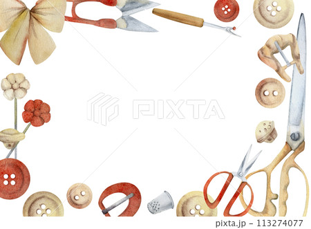 Hand drawn watercolor illustration sewing craft supplies. Fabric scissors snaps, pins, buckle buttons ribbon bow tie, red beige. Frame isolated on white background. Design atelier, tailor, hobby shop Hand drawn watercolor illustration sewing craft supplies. Fabric scissors snaps, pins, buckle buttons ribbon bow tie, red beige. Frame isolated on white background. Design atelier, tailor, hobby shop 113274077