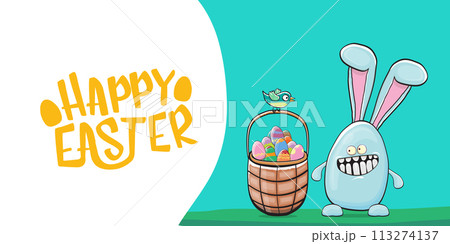 Happy easter greeting card with cute cartoon blue rabbit holding easter basket with stack of colorful eggs. Easter egg hunt hand drawn concept illustration banner. 113274137