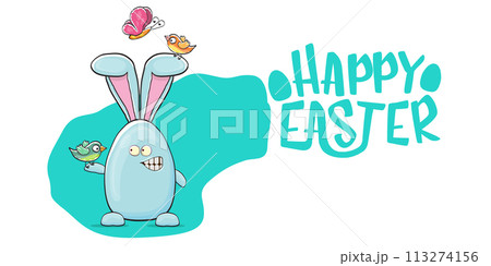 Happy easter greeting card with funny cartoon smiling blue bunny isolated on white. Easter hand drawn banner or poster with funky rabbit. 113274156