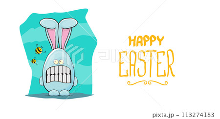 Happy easter greeting card with funny cartoon smiling blue bunny isolated on white. Easter hand drawn banner or poster with funky rabbit. 113274183