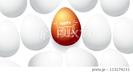 Happy easter horizontal banner with colorful golden egg and white eggs flat lay on white transparent background. Vector Happy easter creative concept illustration 113274231