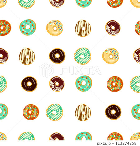 Seamless donut pattern on white background with various toppings 113274259