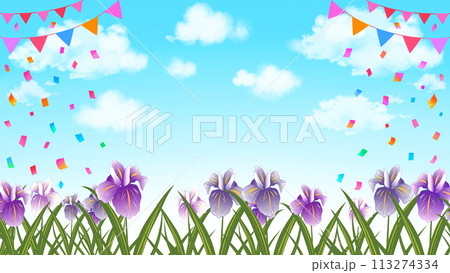 花菖蒲と青空とガーランドと紙吹雪の背景 こどもの日 16:9 花菖蒲と青空とガーランドと紙吹雪の背景 こどもの日 16:9 113274334